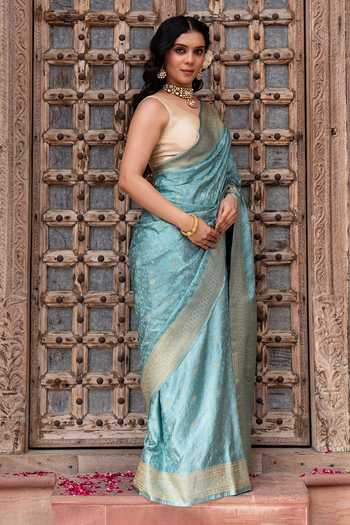 Zal From Benaras_Blue Silk Handloom Saree With Unstitched Blouse Fabric _Online_at_Aza_Fashions