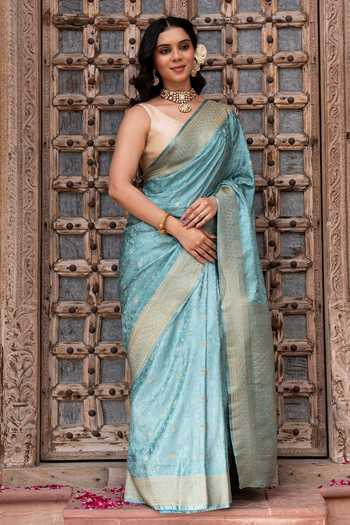 Buy_Zal From Benaras_Blue Silk Handloom Saree With Unstitched Blouse Fabric _Online_at_Aza_Fashions