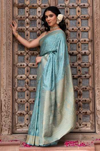 Shop_Zal From Benaras_Blue Silk Handloom Saree With Unstitched Blouse Fabric _Online_at_Aza_Fashions