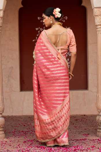 Shop_Zal From Benaras_Pink Silk Handloom Saree With Unstitched Blouse Fabric _at_Aza_Fashions