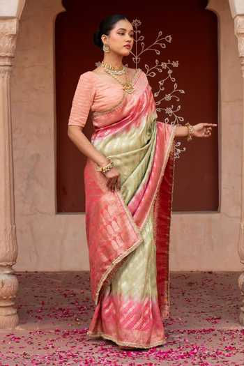 Zal From Benaras_Pink Silk Handloom Saree With Unstitched Blouse Fabric _Online_at_Aza_Fashions