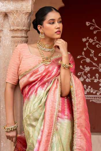 Buy_Zal From Benaras_Pink Silk Handloom Saree With Unstitched Blouse Fabric _Online_at_Aza_Fashions