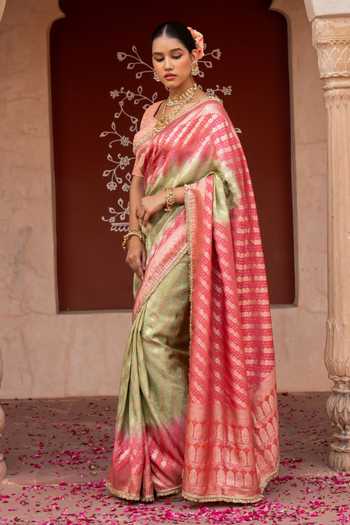 Shop_Zal From Benaras_Pink Silk Handloom Saree With Unstitched Blouse Fabric _Online_at_Aza_Fashions