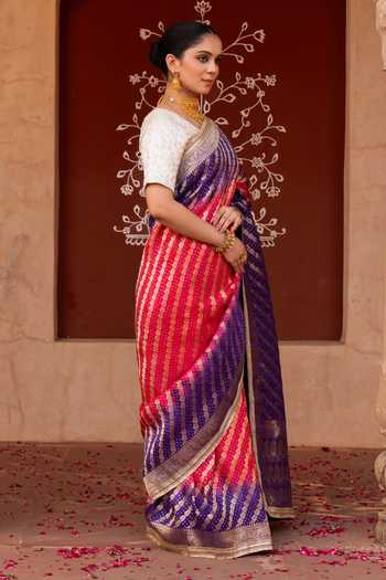 Zal From Benaras_Multicolor Silk Handloom Saree With Unstitched Blouse Fabric _Online_at_Aza_Fashions