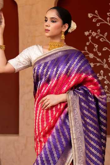 Shop_Zal From Benaras_Multicolor Silk Handloom Saree With Unstitched Blouse Fabric _Online_at_Aza_Fashions