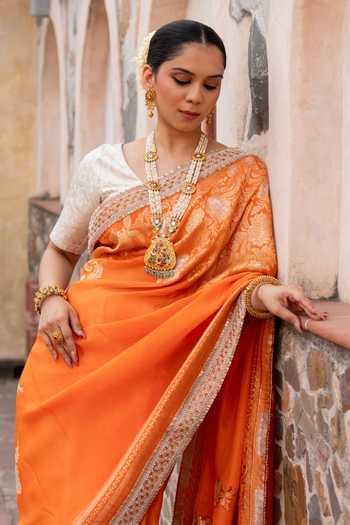 Zal From Benaras_Orange Silk Handloom Saree With Unstitched Blouse Fabric _Online_at_Aza_Fashions