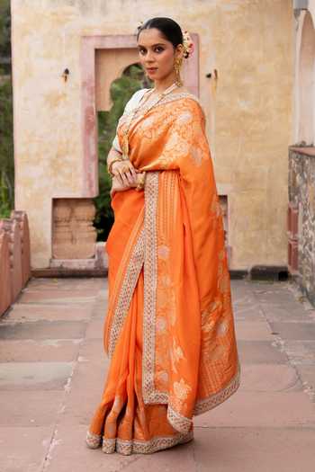 Buy_Zal From Benaras_Orange Silk Handloom Saree With Unstitched Blouse Fabric _Online_at_Aza_Fashions