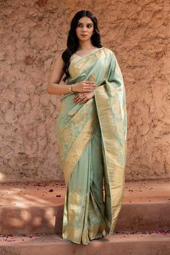 Buy_Zal From Benaras_Green Silk, Tissue Handloom Saree With Unstitched Blouse Fabric _at_Aza_Fashions