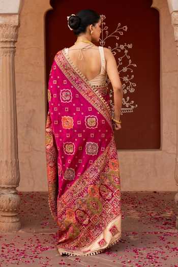 Shop_Zal From Benaras_Magenta Silk Handloom Saree With Unstitched Blouse Fabric _at_Aza_Fashions