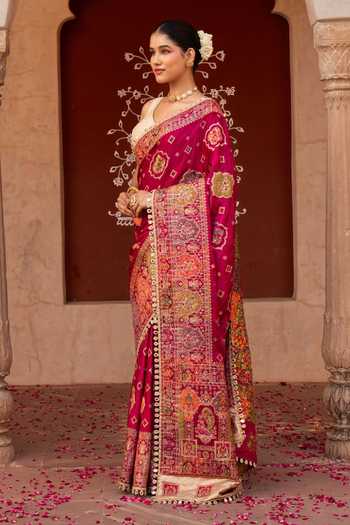 Buy_Zal From Benaras_Magenta Silk Handloom Saree With Unstitched Blouse Fabric _Online_at_Aza_Fashions