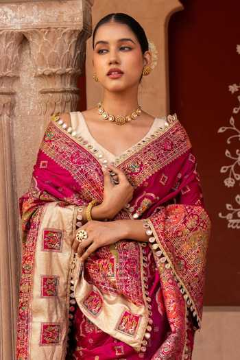 Shop_Zal From Benaras_Magenta Silk Handloom Saree With Unstitched Blouse Fabric _Online_at_Aza_Fashions