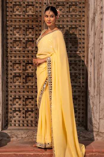 Zal From Benaras_Yellow Georgette Mirror Border Saree With Unstitched Blouse Fabric _Online_at_Aza_Fashions