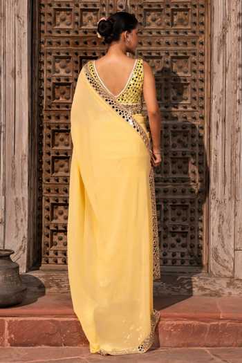 Shop_Zal From Benaras_Yellow Georgette Mirror Border Saree With Unstitched Blouse Fabric _at_Aza_Fashions