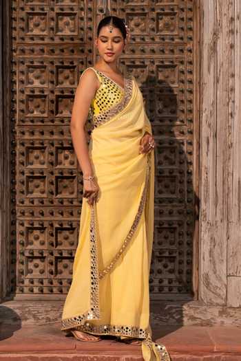 Buy_Zal From Benaras_Yellow Georgette Mirror Border Saree With Unstitched Blouse Fabric _Online_at_Aza_Fashions
