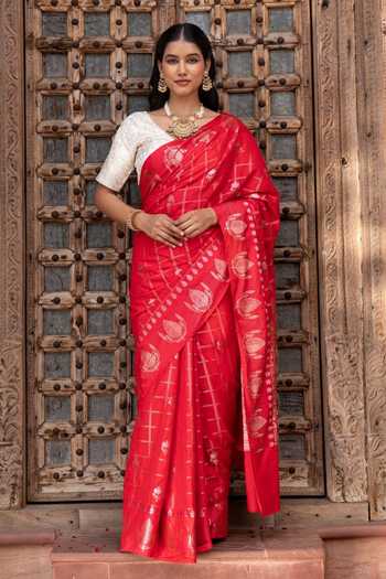 Buy_Zal From Benaras_Red Silk Handloom Saree With Unstitched Blouse Fabric _at_Aza_Fashions