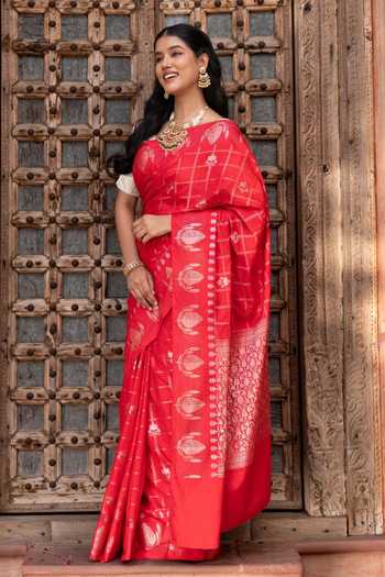 Buy_Zal From Benaras_Red Silk Handloom Saree With Unstitched Blouse Fabric _Online_at_Aza_Fashions