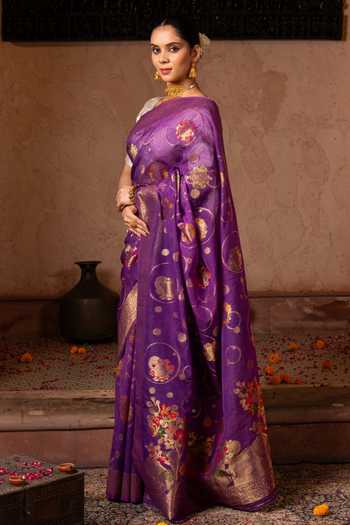 Zal From Benaras_Purple Silk, Tissue Handloom Saree With Unstitched Blouse Fabric _Online_at_Aza_Fashions