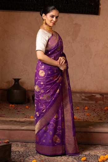 Buy_Zal From Benaras_Purple Silk, Tissue Handloom Saree With Unstitched Blouse Fabric _Online_at_Aza_Fashions