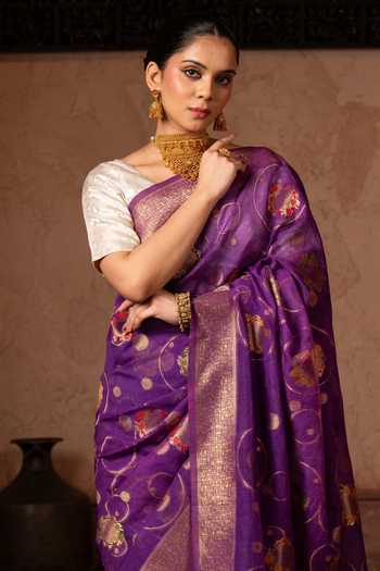 Shop_Zal From Benaras_Purple Silk, Tissue Handloom Saree With Unstitched Blouse Fabric _Online_at_Aza_Fashions