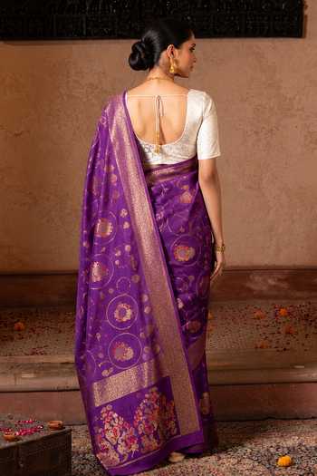 Shop_Zal From Benaras_Purple Silk, Tissue Handloom Saree With Unstitched Blouse Fabric _at_Aza_Fashions