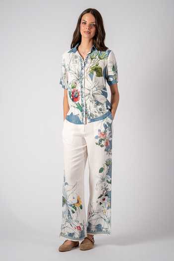 Buy_RANNA GILL_Multi Color Linen, Viscose Collared Adina Yoke Camellia Print Shirt And Pant Set _at_Aza_Fashions