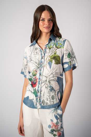 Buy_RANNA GILL_Multi Color Linen, Viscose Collared Adina Yoke Camellia Print Shirt And Pant Set _Online_at_Aza_Fashions