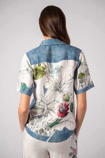 Shop_RANNA GILL_Multi Color Linen, Viscose Collared Adina Yoke Camellia Print Shirt And Pant Set _Online_at_Aza_Fashions