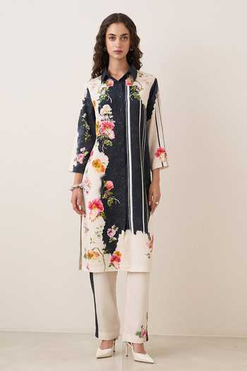Buy_RANNA GILL_Black Tencel Collared Neck, Yes Terra Floral Print Tunic And Pant Set _at_Aza_Fashions