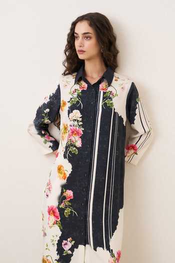 Shop_RANNA GILL_Black Tencel Collared Neck, Yes Terra Floral Print Tunic And Pant Set _Online_at_Aza_Fashions