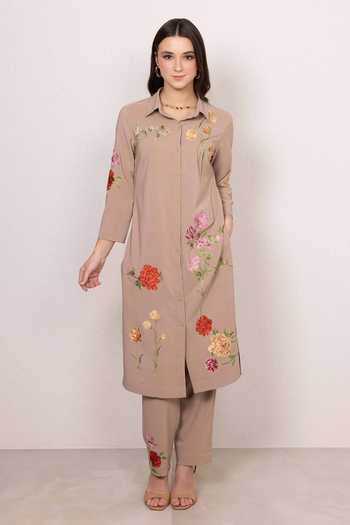 Buy_RANNA GILL_Beige Crinkle, Polyester Collared Neck Citrine Floral Print Tunic And Pant Set _at_Aza_Fashions