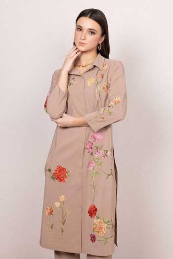 Shop_RANNA GILL_Beige Crinkle, Polyester Collared Neck Citrine Floral Print Tunic And Pant Set _Online_at_Aza_Fashions