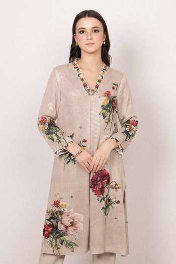 RANNA GILL_Beige V-neck Elira Gleam Floral Tunic And Trouser Set _at_Aza_Fashions