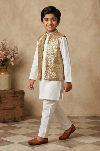 Buy_Byb Premium_Gold Cotton, Polyester Sequins Work Bundi _at_Aza_Fashions