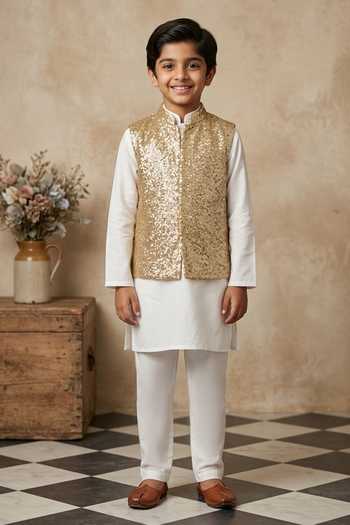 Byb Premium_Gold Cotton, Polyester Sequins Work Bundi _Online_at_Aza_Fashions