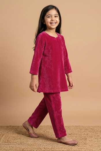Byb Premium_Pink Velvet Fuchsia Pleated A-line Dress _Online_at_Aza_Fashions