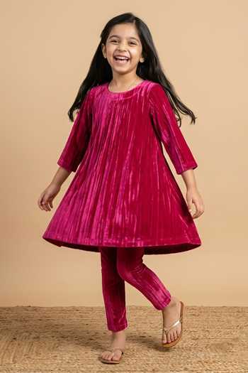 Buy_Byb Premium_Pink Velvet Fuchsia Pleated A-line Dress _Online_at_Aza_Fashions