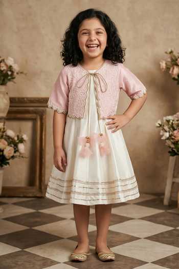 Buy_Byb Premium_Pink Silk, Organza Pearls Embroidered Dress With Jacket _at_Aza_Fashions