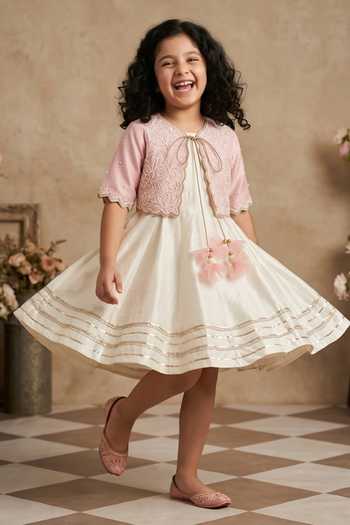 Byb Premium_Pink Silk, Organza Pearls Embroidered Dress With Jacket _Online_at_Aza_Fashions