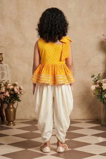 Shop_Byb Premium_Yellow Kota Doria, Cotton Patti, Leheriya Print Top And Dhoti Pant Set _at_Aza_Fashions