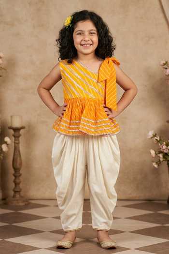 Shop_Byb Premium_Yellow Kota Doria, Cotton Patti, Leheriya Print Top And Dhoti Pant Set 