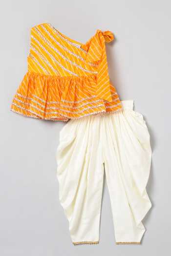 Byb Premium_Yellow Kota Doria, Cotton Patti, Leheriya Print Top And Dhoti Pant Set _Online_at_Aza_Fashions
