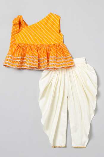 Buy_Byb Premium_Yellow Kota Doria, Cotton Patti, Leheriya Print Top And Dhoti Pant Set _Online_at_Aza_Fashions