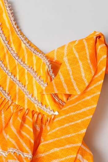 Byb Premium_Yellow Kota Doria, Cotton Patti, Leheriya Print Top And Dhoti Pant Set _Online