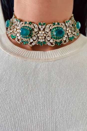 Buy_Prerto_Emerald Green Elina Moissanite Polki Kundan Choker Set _at_Aza_Fashions
