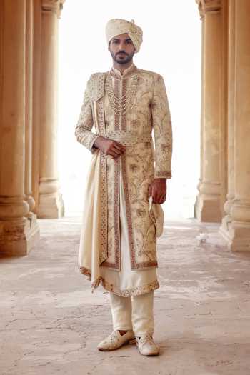 Buy_AMIT BEHKI_Ivory Silk, Polyester Hand Embroidered Achkan Set With Stole _at_Aza_Fashions