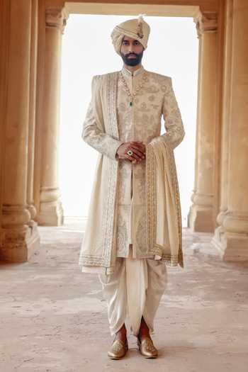 Buy_AMIT BEHKI_Gold Silk, Brocade Hand Embroidered Achkan And Kurta Set _at_Aza_Fashions