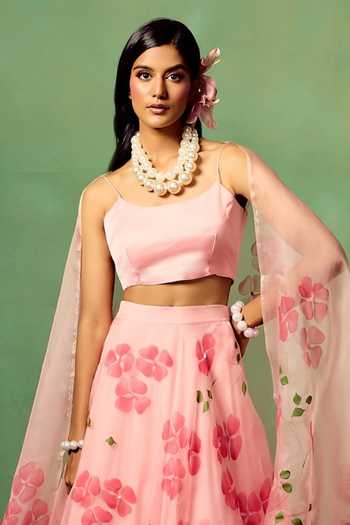 Shop_Meghstudio_Pink Organza, Silk, Modal Dogwood Sequins Work Lehenga Set _at_Aza_Fashions