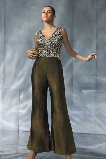 Shop_Kalighata Pret_Green Tissue V-neck Embellished V Jumpsuit With Wide Leg _at_Aza_Fashions