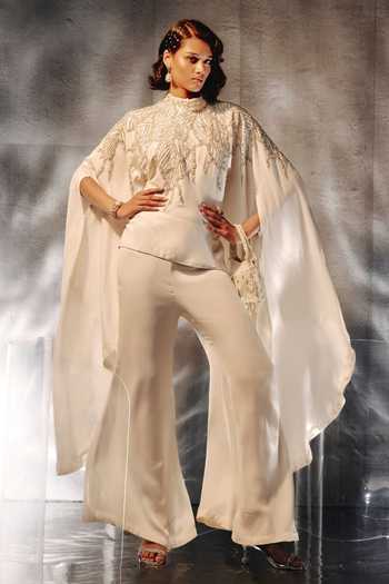 Buy_Kalighata Pret_Ivory Satin High Neck Embellished Cape Pant Set _at_Aza_Fashions