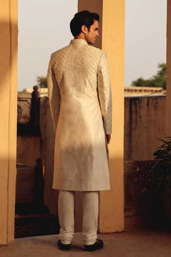 Shop_AMIT BEHKI_Ivory Silk, Polyester Hand Embroidered Raw Achkan Set _at_Aza_Fashions